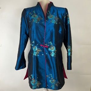 Vintage ANIS.A kimono cardigan blue, gold embroidery magenta lining M